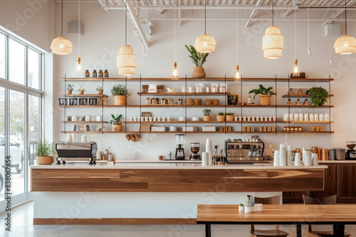 A modern cafe with industrial design, wooden accents, minimalist decor, warm lighting, spacious seating, and welcoming atmosphere offers a trendy and inviting ambiance © Pics_With_Love
