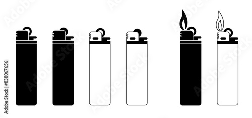 Cartoon plastic gas cigarette lighter icon. Lighters logo. For Flaming cigarette lighter. Fire symbol or logo. Smokers tools. Cigar, tobacco tool. Pocket lighter fire.