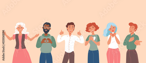 Sincere male and female characters. Multiracial grateful smiling people saying Thank you. Flat cartoon illustration. Vector. 