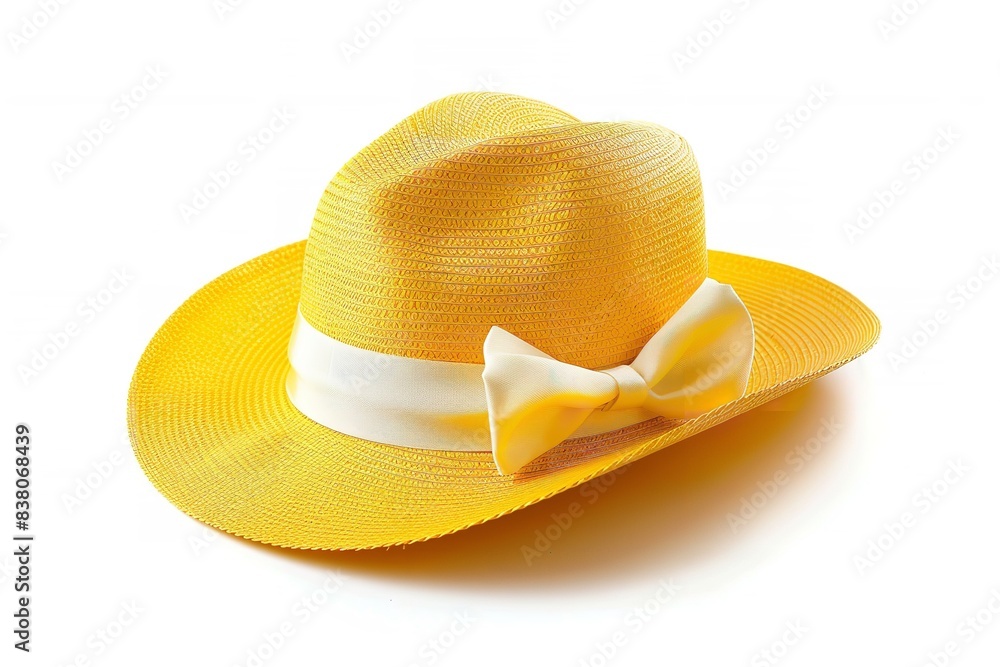 An antique straw hat from Panama. A woman's yellow summertime hat with a white ribbon set against a white background, Generative AI.