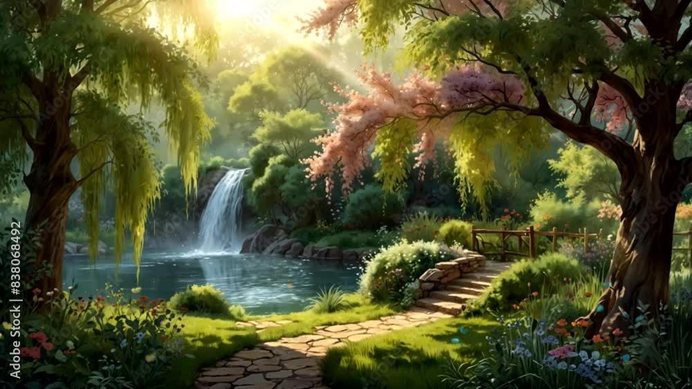 Willow Forest Background with Weeping Branches Willow Forest Background with Weeping Branches
