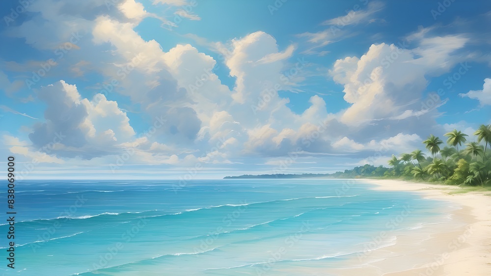 A captivating landscape portraying the allure of summer, with a tropical beach adorned with golden sand, crystal-clear turquoise waters, and a radiant blue sky adorned with fluffy white clouds. A captivating landscape portraying the allure of summer, with a tropical beach adorned with golden sand, crystal-clear turquoise waters, and a radiant blue sky adorned with fluffy white clouds.