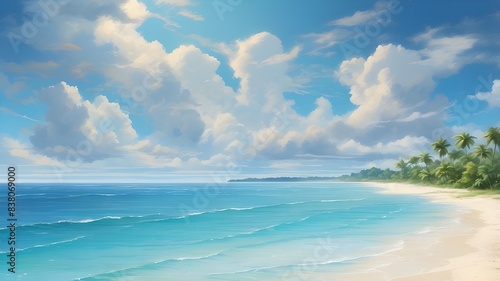 A captivating landscape portraying the allure of summer  with a tropical beach adorned with golden sand  crystal-clear turquoise waters  and a radiant blue sky adorned with fluffy white clouds.