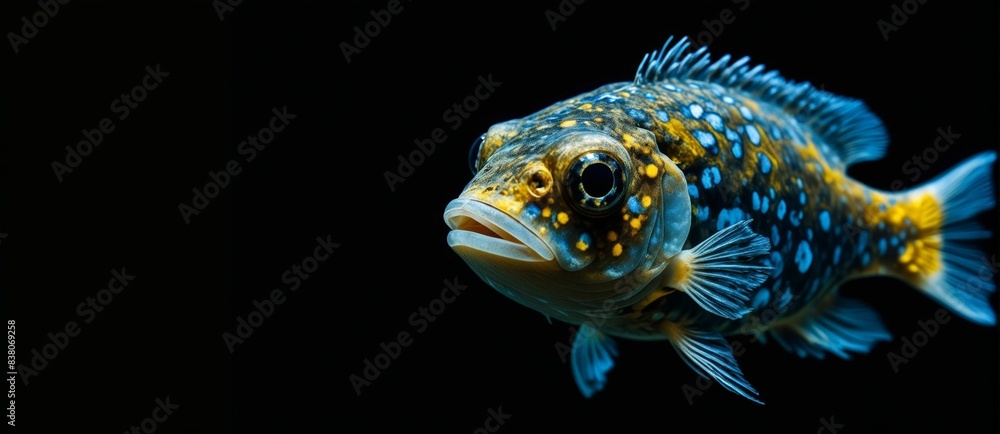 Fototapeta premium blue fish with a yellow stripe swims in dark water