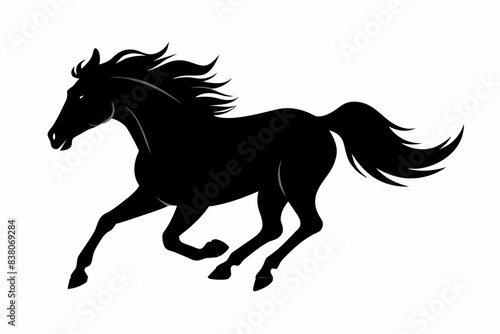 Black silhouette of a running horse isolated on a white background. Concept of wild animal illustration, minimalist style, galloping equine. Print, icon, logo, template, pictogram, element for design
