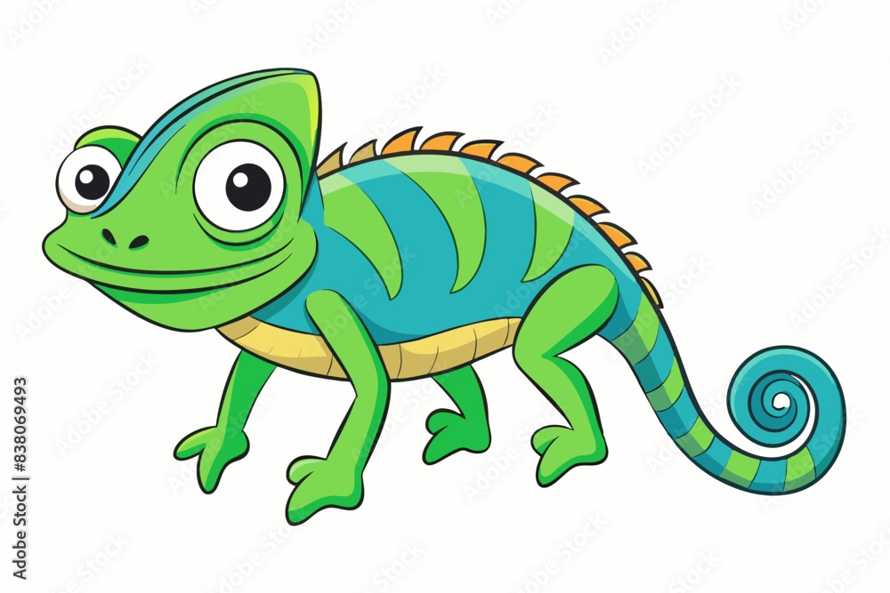 Fototapeta premium Colorful cartoon chameleon isolated on a white background. Concept of wild animal illustration, minimalist style, cute lizard. Perfect for print, art, icon, design element, and digital illustration.