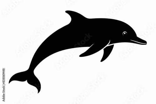 Silhouette of a dolphin isolated on a white background. Black dolphin illustration in a simple design. Concept of animal illustration, marine life, minimalistic design, aquatic icon
