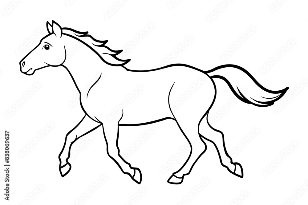 Obraz premium Black and white outline illustration of a running horse isolated on a white background. Concept of wild animal illustration, minimalist style. Print, icon, logo, element for design