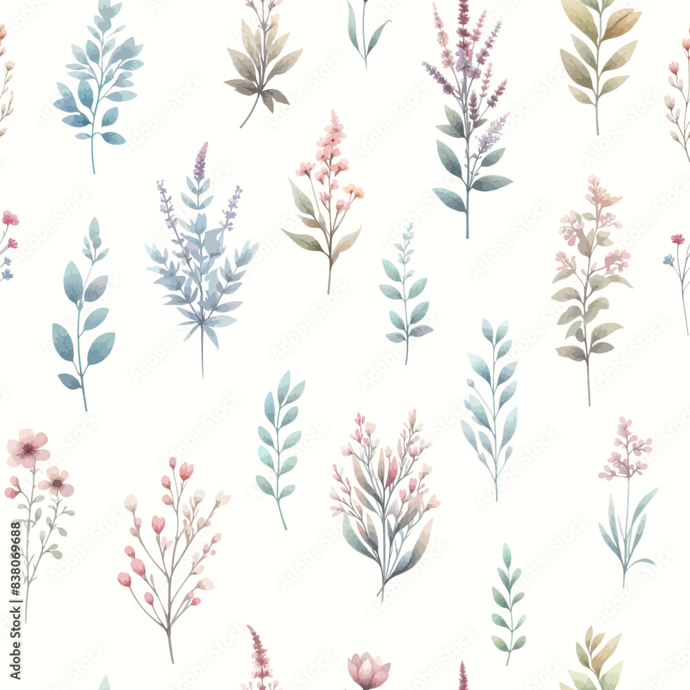 Vector floral seamless pattern with wild flowers, herbs and grasses. Pastel colors on white background. Delicate field flower and herb illustration. Vector floral seamless pattern with wild flowers, herbs and grasses. Pastel colors on white background. Delicate field flower and herb illustration.
