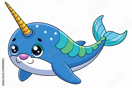 Cute cartoon narwhal illustration isolated on white background. concept of marine animal, adorable ocean creature, aquatic life. print, icon, logo, design element for kids art and illustration