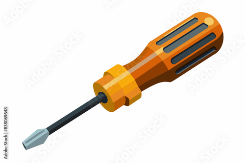 Screwdriver isolated on white background. Illustration of a classic tool with an orange handle and gray tip. Concept of hardware, DIY, handyman, maintenance. Print, icon, logo, element for design..