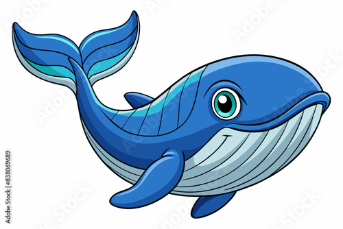 Blue whale illustration with a big smile isolated on white background. Concept of marine life, cute animal, and ocean illustration. Perfect for design, print, and art projects