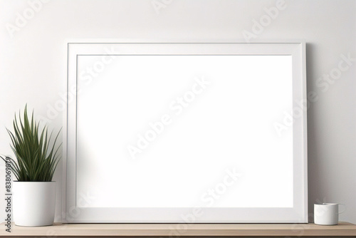 Maqueta de marco de póster de imagen de madera mínima sobre papel tapiz blanco	