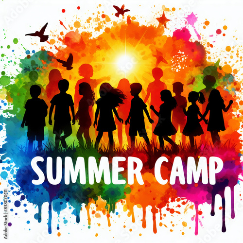 Summer camp with silhouettes of children playing in splashing colorful paint