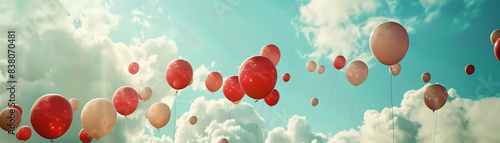 Design a captivating, random pattern of floating balloons in a cloud-filled sky, creating a sense of joyful spontaneity
