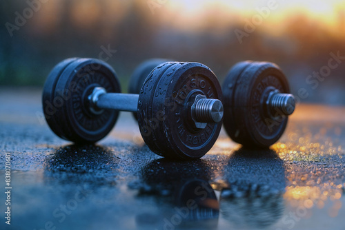 Wet Dumbbells on a Reflective Surface at Sunrise