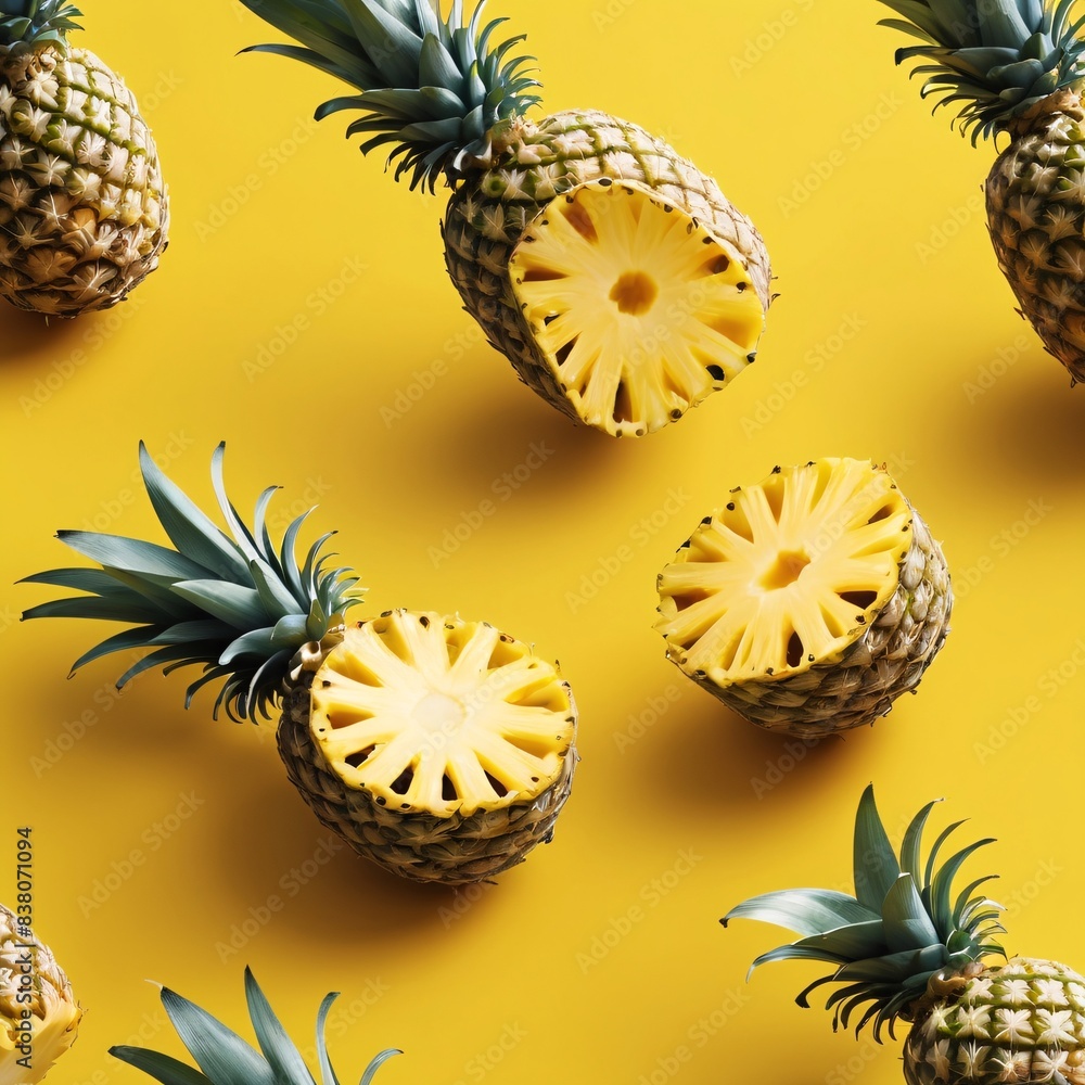 Flying in air fresh ripe whole and cut baby Pineapple with slices and leaves Flying in air fresh ripe whole and cut baby Pineapple with slices and leaves