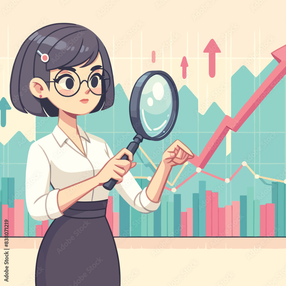 cartoon of a businesswoman with a magnifying glass examining a stock chart cartoon of a businesswoman with a magnifying glass examining a stock chart