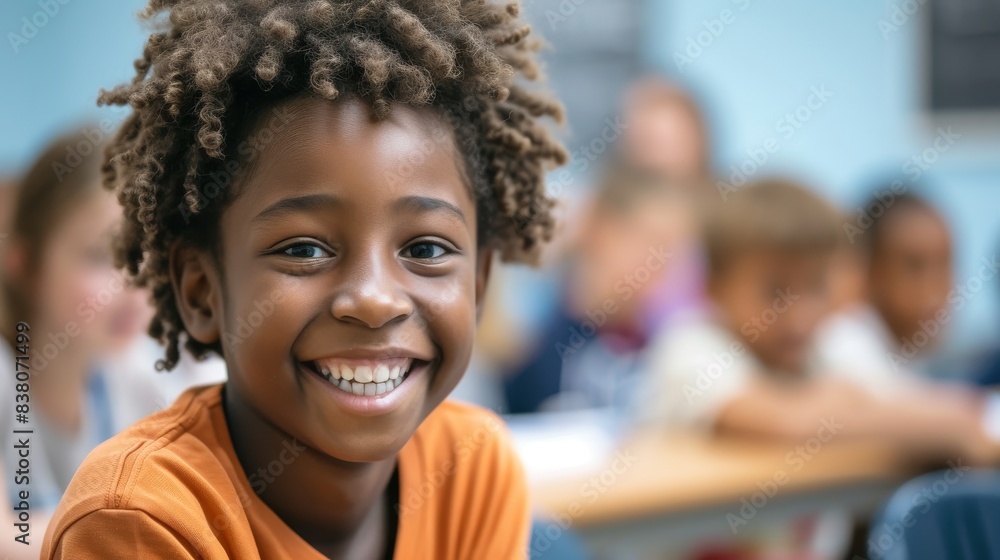 Happy young learner actively participating in a classroom lecture Happy young learner actively participating in a classroom lecture