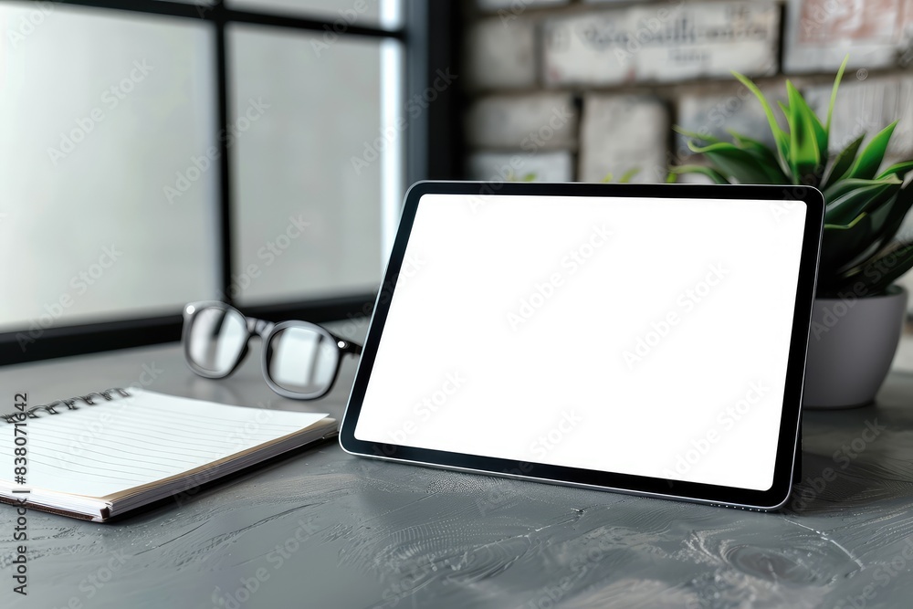 Digital tablet with blank screen mockup on table with eye glasses, notebook, potted plant. Cozy home office, small family business, entrepreneur workplace Digital tablet with blank screen mockup on table with eye glasses, notebook, potted plant. Cozy home office, small family business, entrepreneur workplace