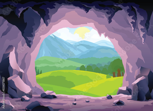 Cave landscape. Summer nature scene of cave entrance. Prehistoric dungeon, rock cavern game illustration. Vector illustration of tunnel in mountain or mine in rocks
