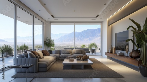Bright and airy living room featuring comfortable gray sofas and a panoramic window © AlfaSmart