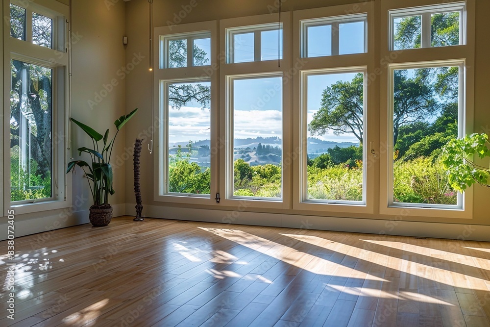 Bright room with extensive windows showing wide serene views, creating a peaceful environment Bright room with extensive windows showing wide serene views, creating a peaceful environment