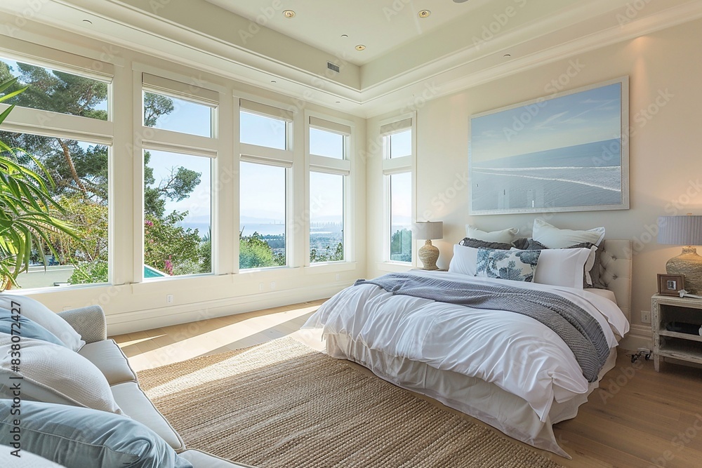 Fototapeta premium Bright room with extensive windows showing wide serene views, creating a peaceful environment