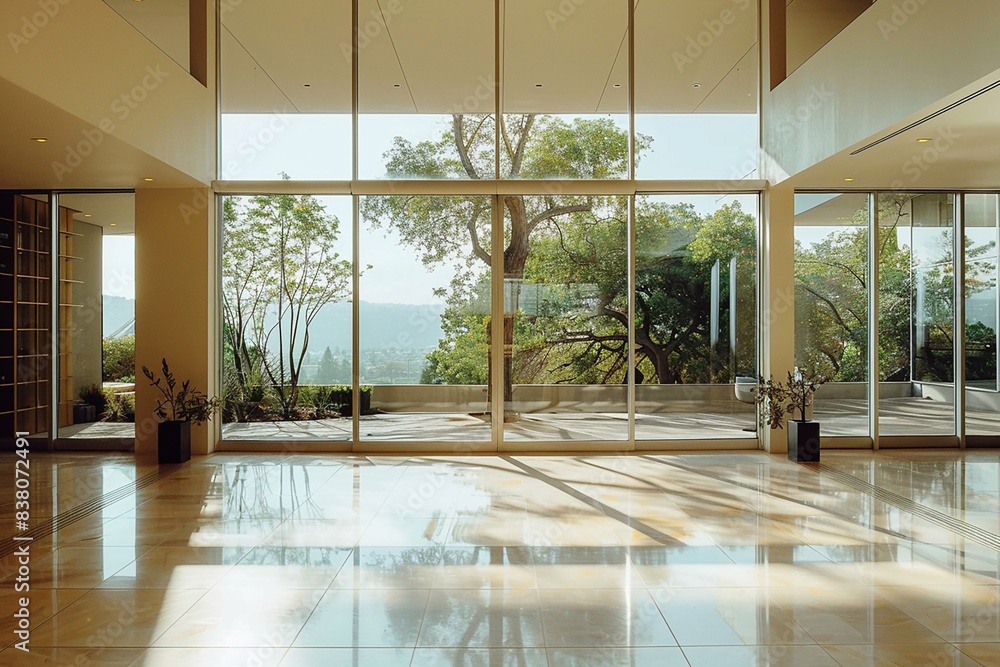Fototapeta premium Large sunny room with expansive views through glass walls, minimalist and peaceful design