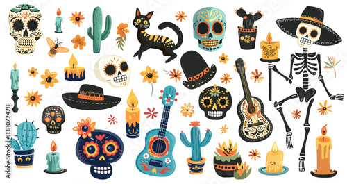 Day of Dead, Dia de los muertos set. Sugar mexican skulls skeletons guitar candles cat cactus traditional mexican cloth. Halloween holiday. Vector clipart set