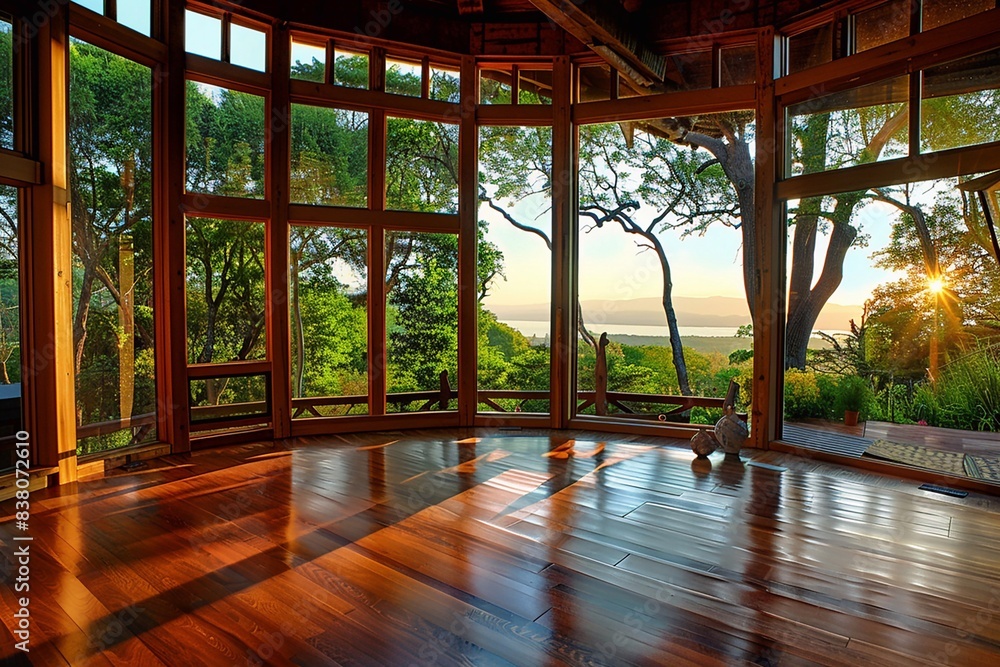 Sunlit room with panoramic views through expansive windows, serene and tranquil setting Sunlit room with panoramic views through expansive windows, serene and tranquil setting