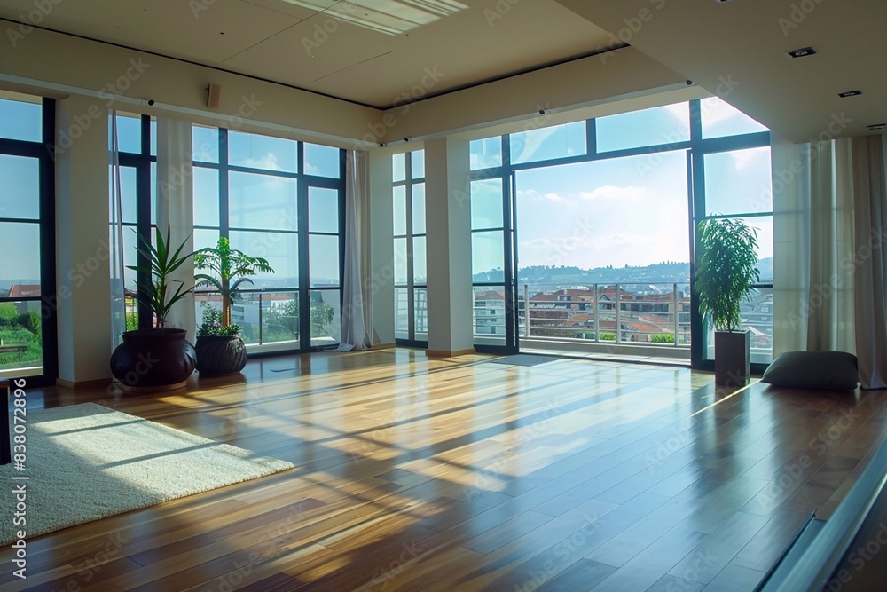 Fototapeta premium Spacious and bright room with panoramic views, large windows and a peaceful atmosphere