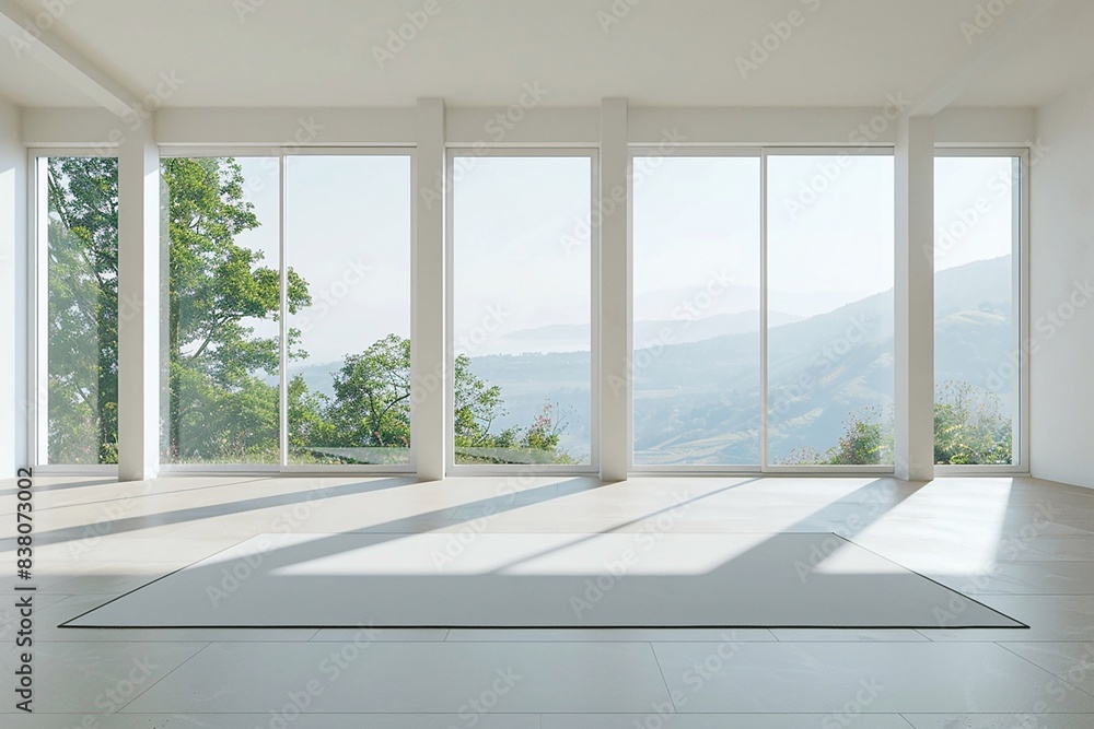 Fototapeta premium Spacious room with wide sunny windows showcasing expansive and tranquil views, airy and minimalist