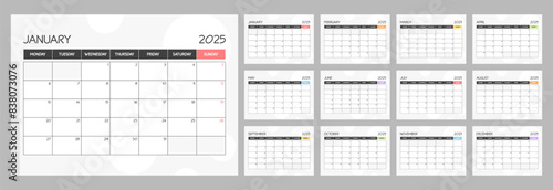 Monthly calendar rainbow schedule for 2025 year. Week Starts on Monday