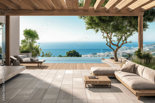 a luxurious terrace with an infinity pool  panoramic sea views  and a vibrant coastal cityscape