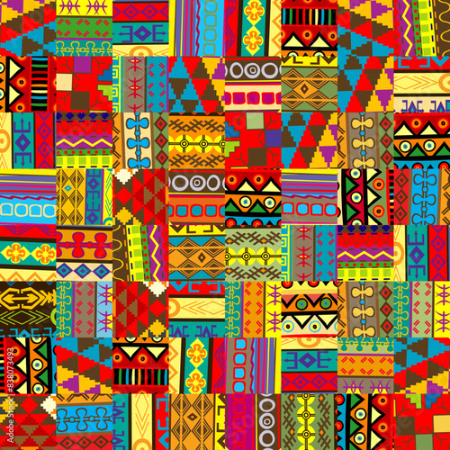 Patches with different colorful patterns with ethnic motifs