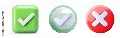 3D illustration of check and cross icons. The image features a green check mark in a square, a green check mark in a circle, and a red cross in a circle, representing approval and rejection. Vector
