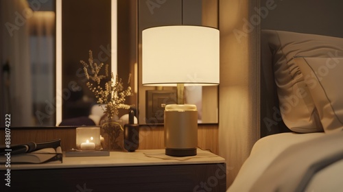 The elegant bedside lamp with a fabric shade diffuses light softly, creating a serene and calming atmosphere for a restful night's sleep. © wicha