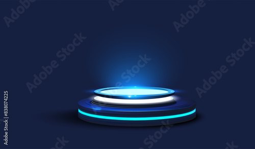 3D  futuristic blue pedestal with neon lighting on a dark blue background. The pedestal can be used for product display, technology showcase, or as a modern design element in digital projects. Vector