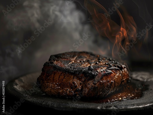 A close-up image of a burnt steak, showcasing its charred surface and smoky aroma. The rich textures and dark tones emphasize the overcooked meat.