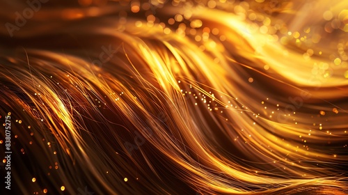 Golden flowing hair illuminated by warm light, creating a mesmerizing and intricate display resembling sunlit waves and gleaming sparks.