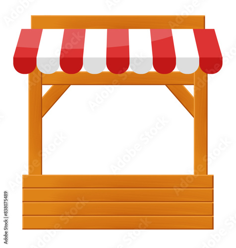 Market stall. Wooden market stand stall with red white striped awning. Vector clipart isolated on white background.