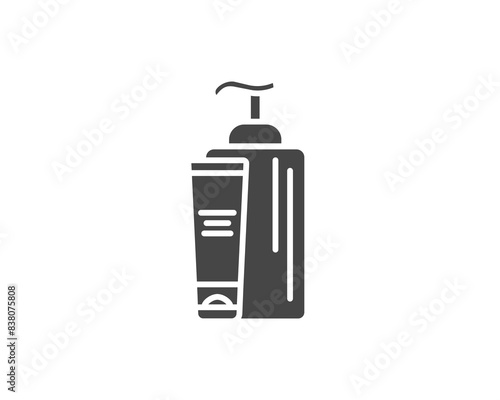Vector set of beauty, cosmetics and care black icons. Bottle, jar, shower gel, face cream, body lotion, spray, ointment, paste.