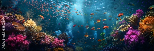 A colorful underwater scene with many fish swimming around. The fish are of various colors and sizes, and the water is clear and blue. The scene is lively and full of energy photo