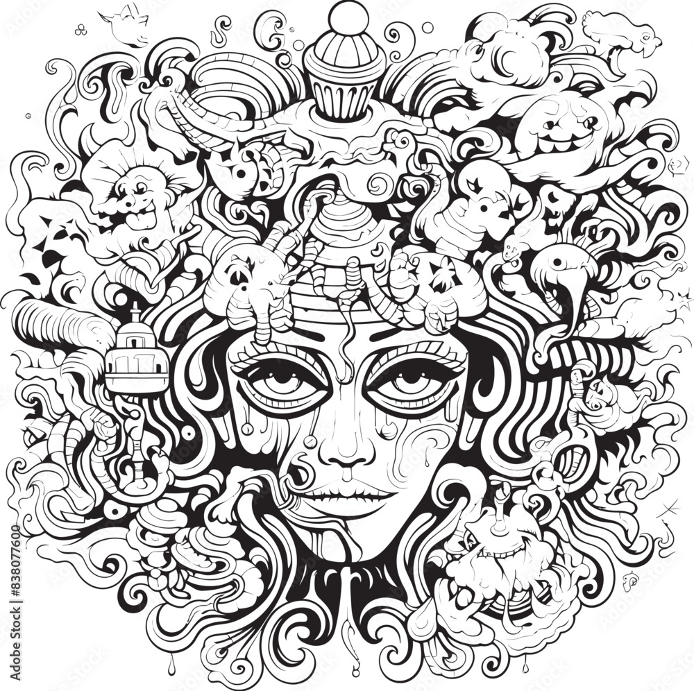 Obraz premium Ethereal Shades Psychedelic Coloring Book and Iconic Art Chaos Unleashed Psychedelic Nightmare Art and Iconic Designs