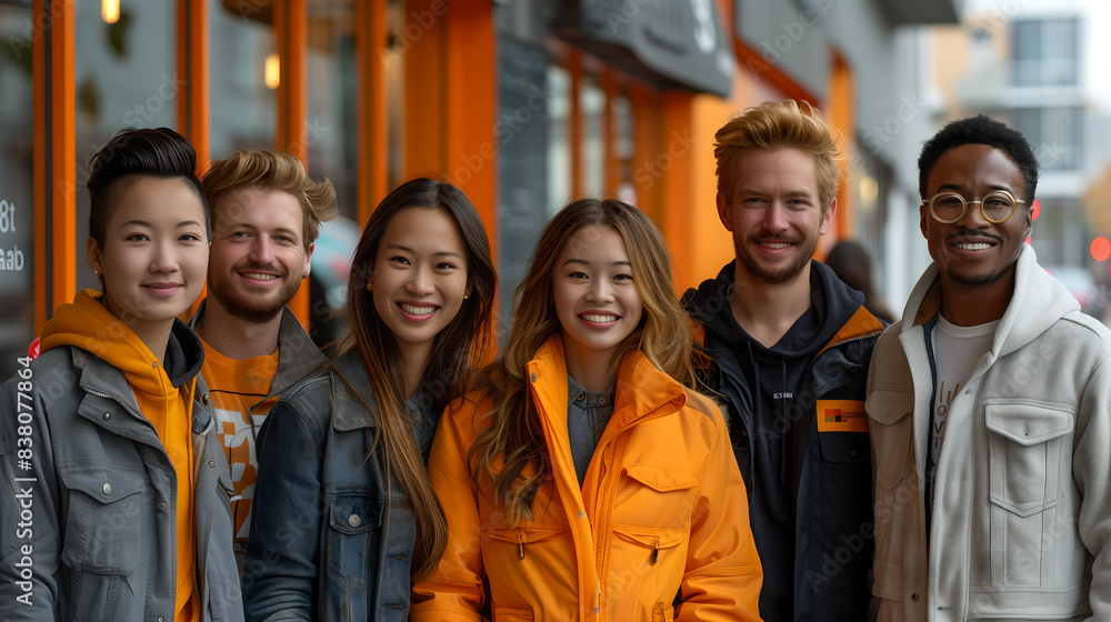Diverse group of smiling young adults in colorful jackets Diverse group of smiling young adults in colorful jackets