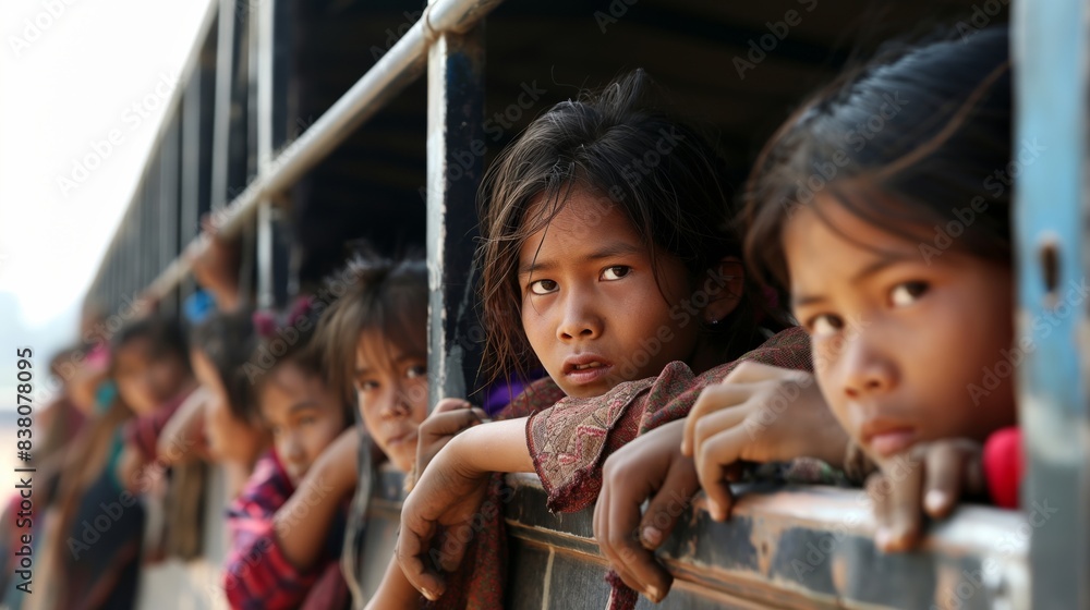 Children refugees travel on a truck, faces marked by hardship, uncertainty, and resilience. Children refugees travel on a truck, faces marked by hardship, uncertainty, and resilience.