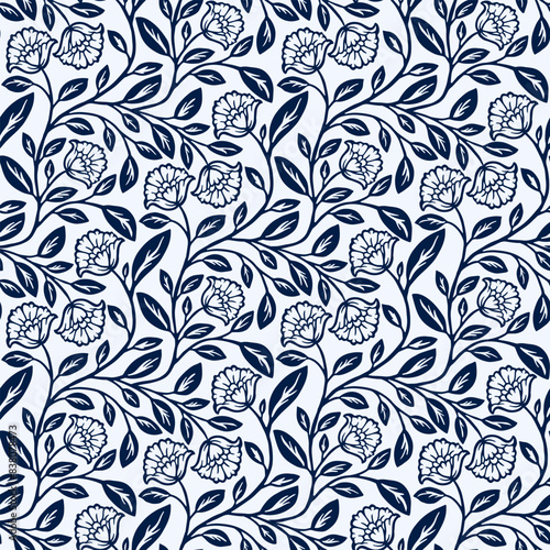 Rose Magnolia Peony Begonia Camellia Abstract Seamless Vector Pattern. Modern Victorian Style, Monochrome Linework Design
