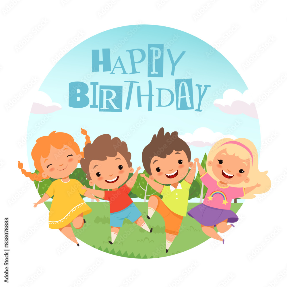 Kids jumping active happy kids outdoor playing birthday party invitation poster Kids jumping active happy kids outdoor playing birthday party invitation poster