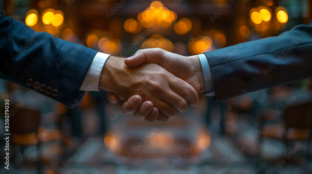 Close-up of businessman's handshake, partnership agreement Close-up of businessman's handshake, partnership agreement